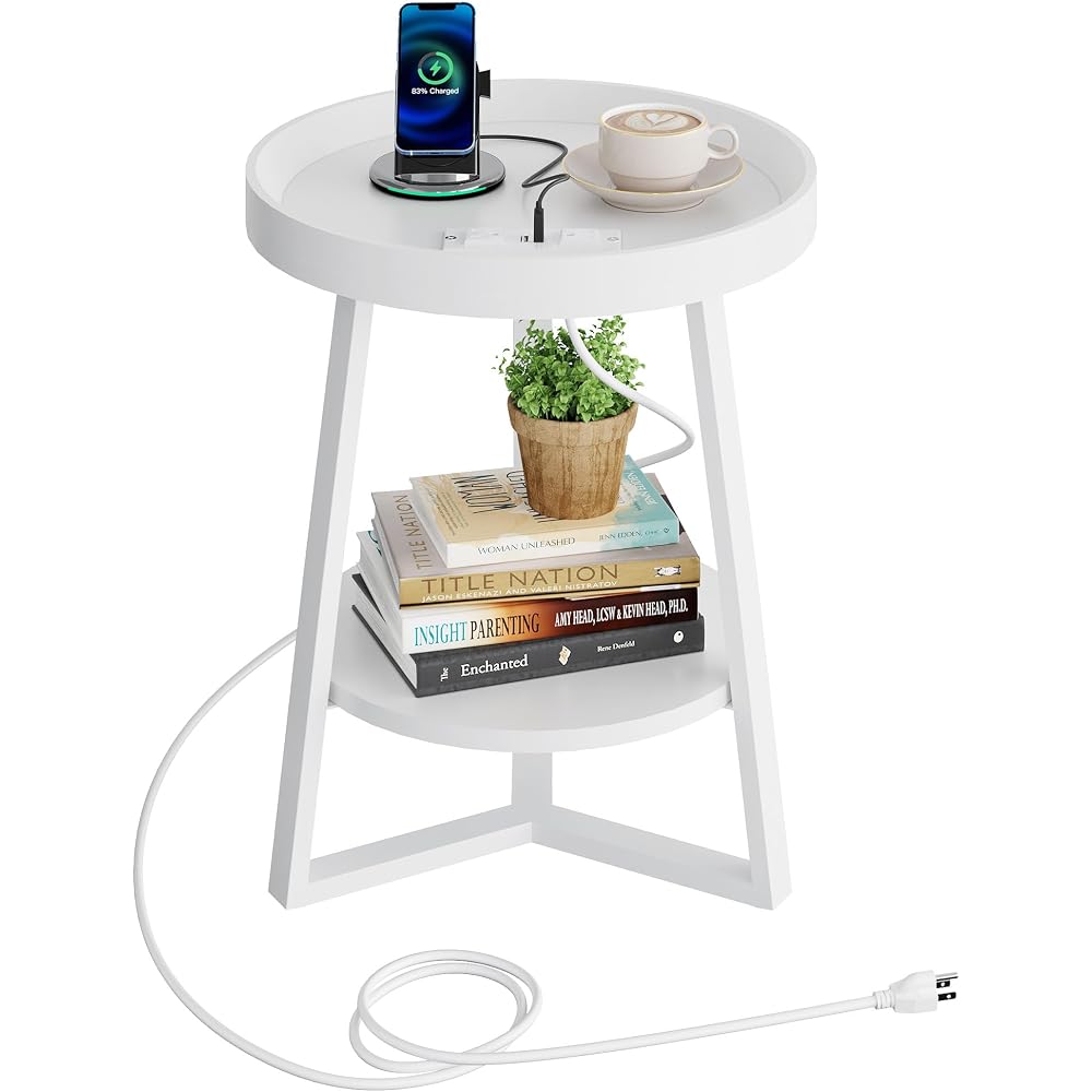 WLIVE Small Round Side Table with Charging Station for Living Room Brown