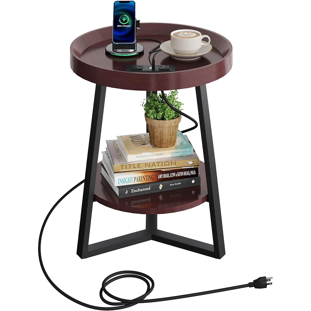 WLIVE Small Round Side Table with Charging Station for Living Room Brown