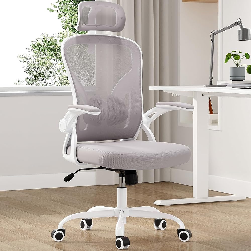 CZBZ Ergonomic Office Chair with Headrest & Adjustable Lumbar Support – High-Back Mesh Desk Chair for Home Office, Study Room, or Gaming Setup – White & Gray
