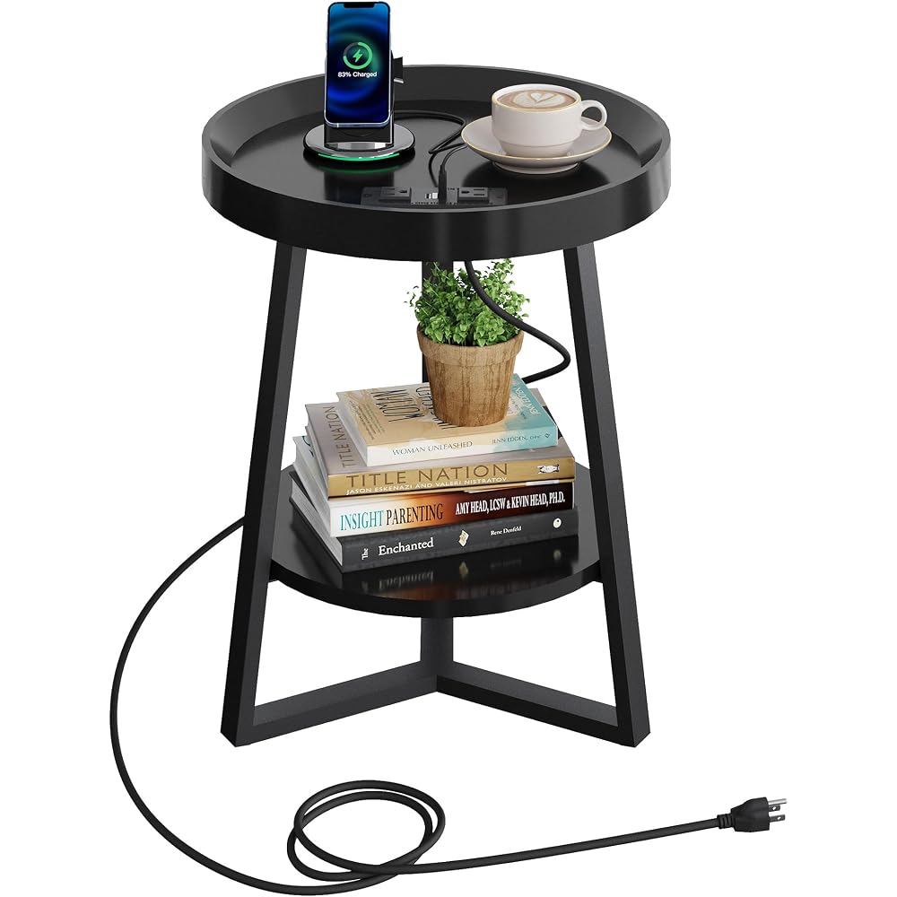 WLIVE Small Round Side Table with Charging Station for Living Room Brown