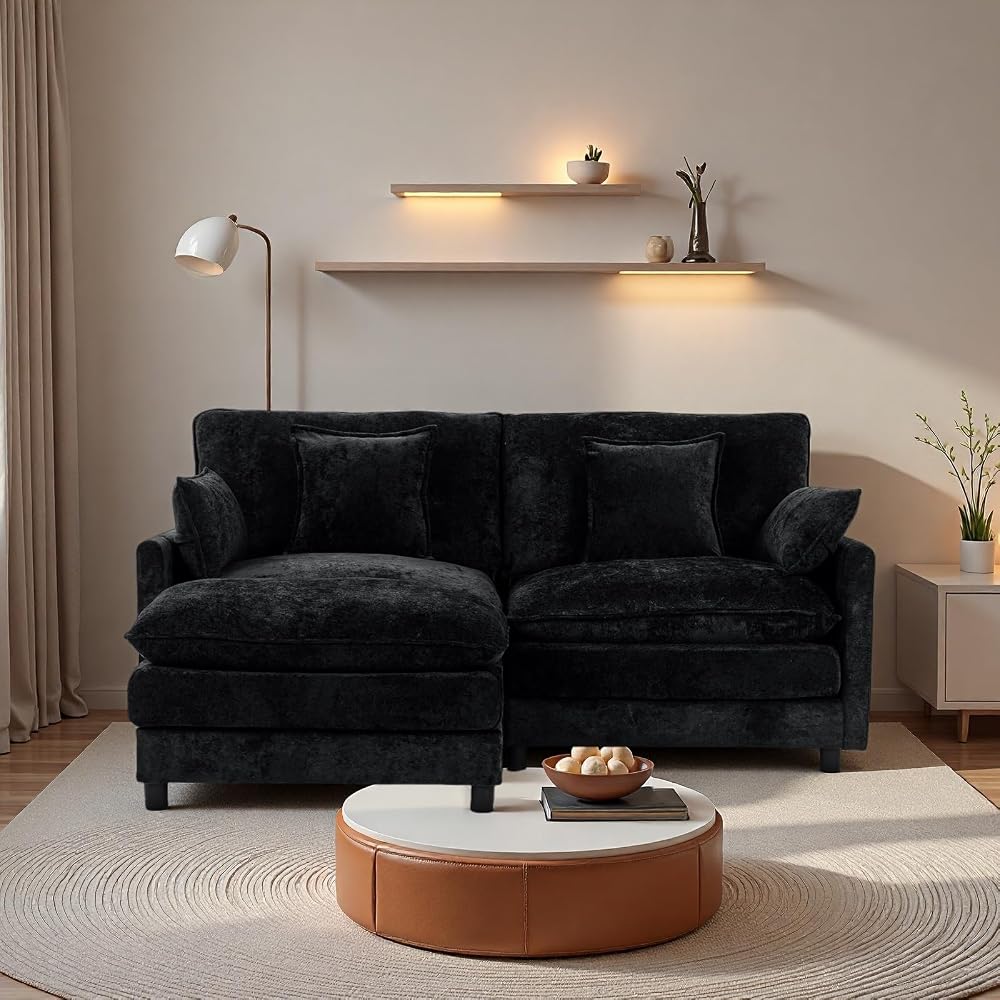 Cloud Modular Sofa, 3-Seater Chenille Couch with Lumbar Support Design & Double Layer Upholstered Seat Cushion, L Shaped Sectional Couch with Ottoman & Pillows for Living Room, Black