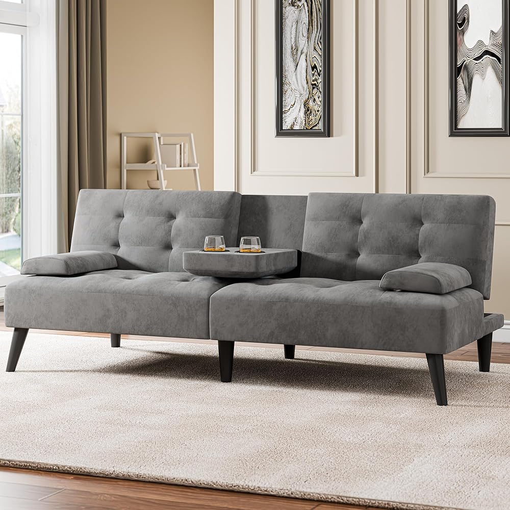 64" Futon Sofa Bed, Convertible Loveseat with 2 Cup Holders, Small Couch with 3 Adjustable Angles & Armrests, Sleeper Sofa for Small Space, Dark Grey
