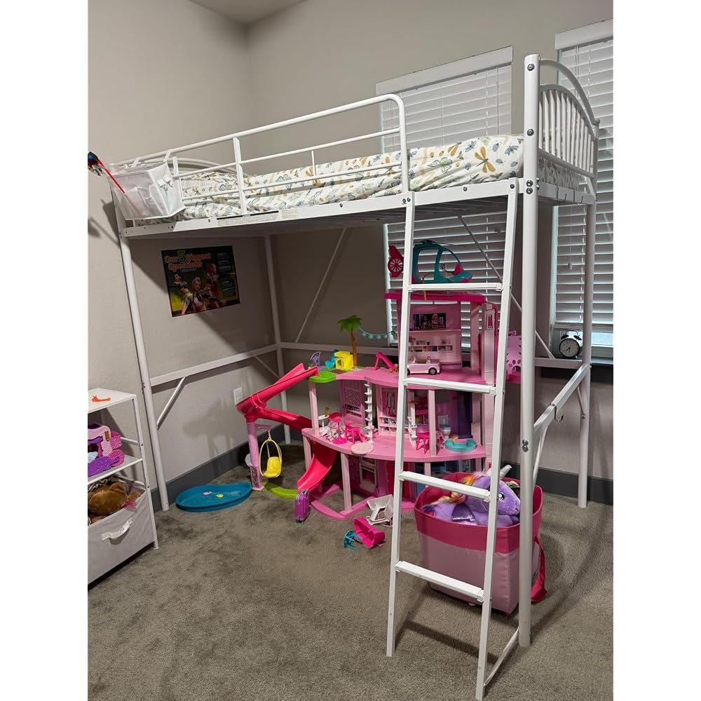 Twin Loft Bed with Convertible Ladder & Storage Bag,Safety Guardrails, Pink
