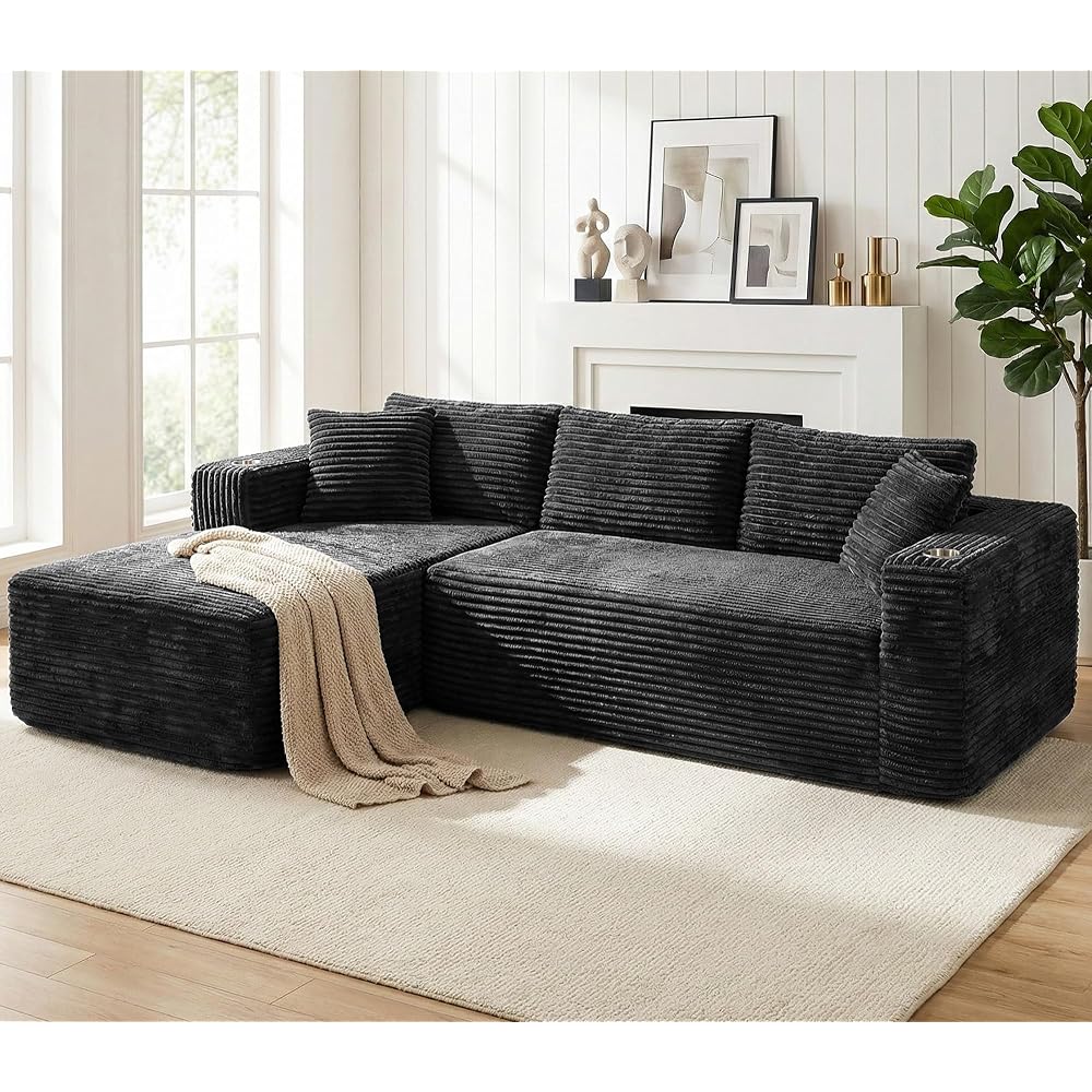 Vongrasig Boneless Sectional Couches for Living Room, L-Shaped Chaise Modular Cloud Couch with Cup Holders on Armrests, Plush Corduroy Comfy Sofa with Memory Foam, No Assembly Required, Black