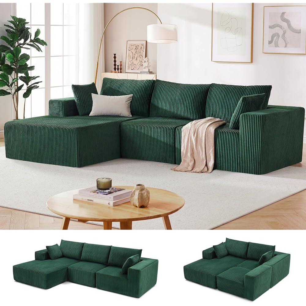 HUTEAN 108” Modular Sectional Sofa, Cloud Sectional Couch with Deep Seat, Modern Modular L-Shape Sofa Couch with Chaise,Upholstered Couches for Living Room Bedroom (Corduory,DarkGreen)
